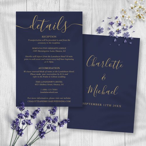 Script Navy Blue Gold Wedding Details Information Enclosure Card