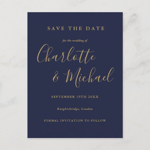 Script Navy Blue Gold Wedding Save the Date Card