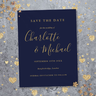 Script Navy Blue Gold Wedding Save the Date Postcard