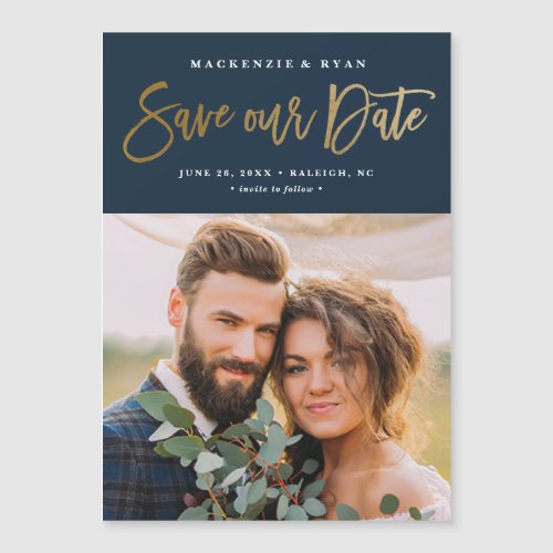Script Navy Blue Save the Date Magnetic Card