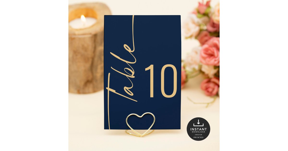 Script Navy Gold Wedding Printable Table Number | Zazzle
