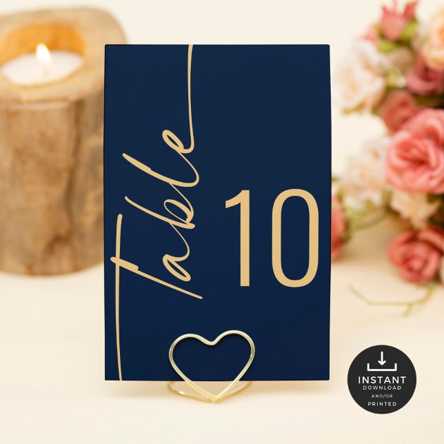 Script Navy Gold Wedding Printable Table Number (Creator Uploaded)