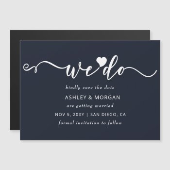 Script Navy Heart We Do Save The Date Magnetic Invitation by blessedwedding at Zazzle