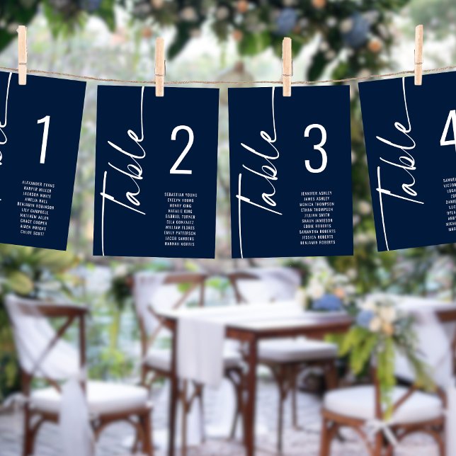 Script Navy White Table Number Names Seating Chart (Creator Uploaded)