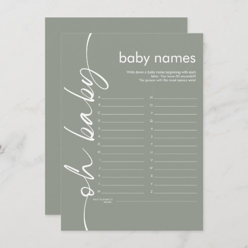 Script Oh Baby Names Shower Game Sage Card
