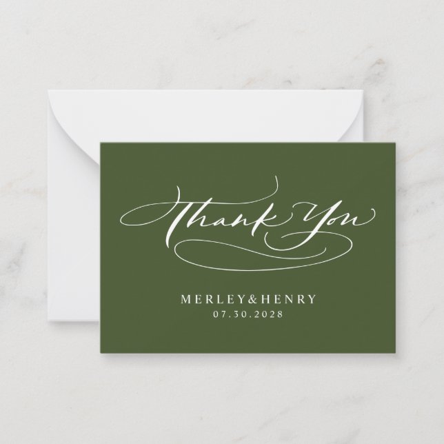 Script Olive Green Wedding Budget Thank You Note Card (Front)