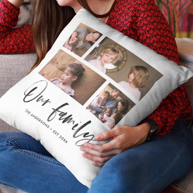 Script Our Family Name Photo Collage Throw Pillow (Creator Uploaded)