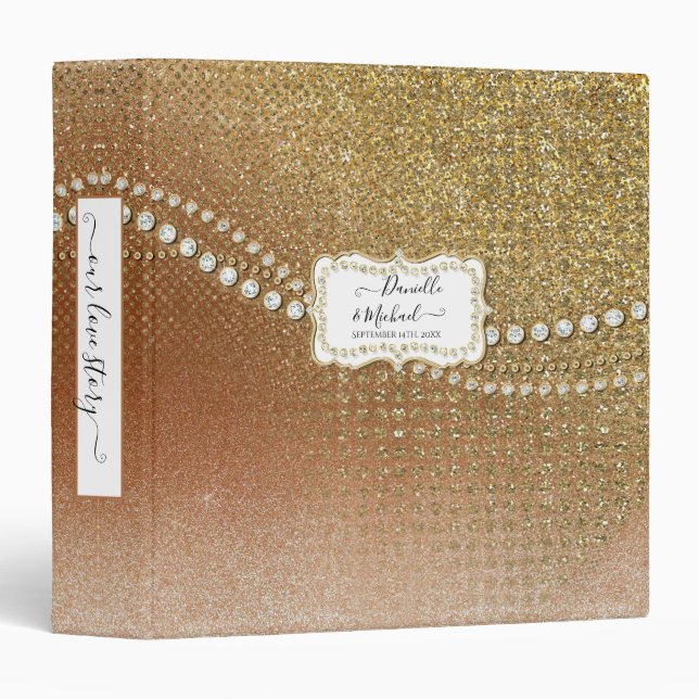 Script Our Love Story Rose Gold Glitter Wedding 3 Ring Binder (Front/Spine)