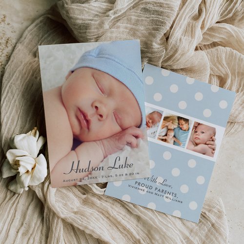 Script Overlay Blue Baby Boy Multi Photo Birth Announcement