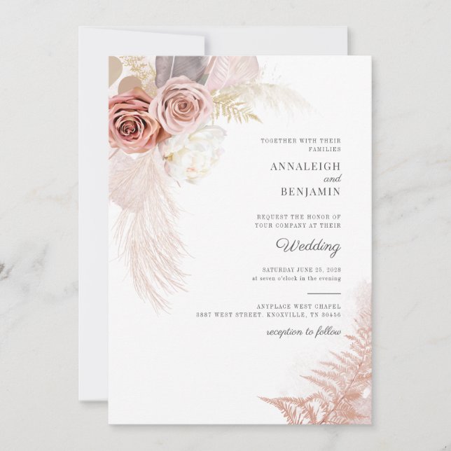 Script Pampas Grass Dried Palms Wedding Invitation (Front)