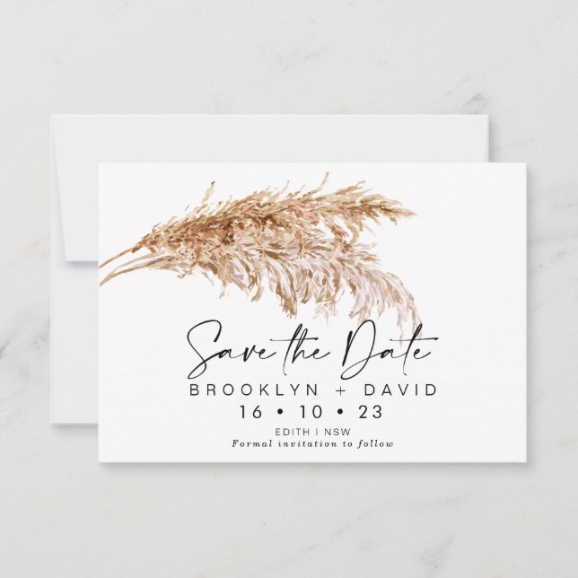 Script Pampas Grass Wedding Save The Date Card (Front)