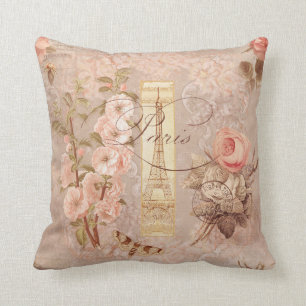 Script Paris Eiffel Tower Vintage Autumn Floral Throw Pillow