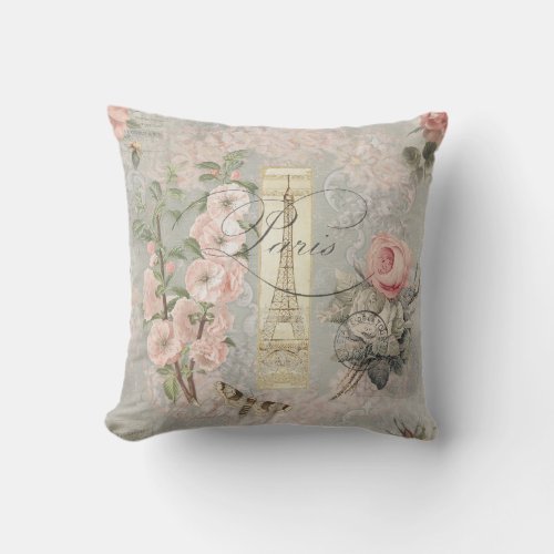 Script Paris Eiffel Tower Vintage Pink Gray Floral Throw Pillow