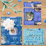 Script Pattern Blue On Blue 4 Photo Hanukkah Wrapping Paper Sheets<br><div class="desc">Create your own personalized wrapping paper for Hanukkah with this script typography in blue on blue, three fun patterns and your photos highlighted as part of the design. This blue on blue custom Hanukkah wrapping paper is easy to personalize for one of a kind Chanukah gift wrap in a three...</div>