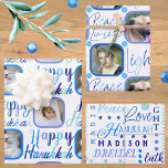 Script Pattern Blue On White 4 Photo Hanukkah Wrapping Paper Sheets<br><div class="desc">Create your own personalized wrapping paper for Hanukkah with this script typography in blue on white, three fun patterns and your photos highlighted as part of the design. This blue on white custom Hanukkah wrapping paper is easy to personalize for one of a kind Chanukah gift wrap in a three...</div>