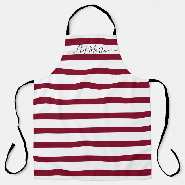 Script Personalized Burgundy Stripes Apron (Front)