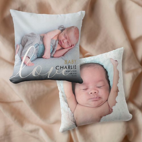 Script Photo Baby Birth Stats Announcement Throw Pillow