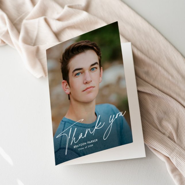 Script Photo Graduation Letterpress Thank You Card (Modern Script Graduation Photo Folded Thank You Card.)