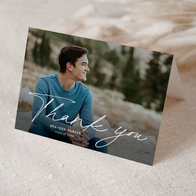 Script Photo Graduation Thank You Card (Modern Script Graduation Photo Folded Thank You Card.)