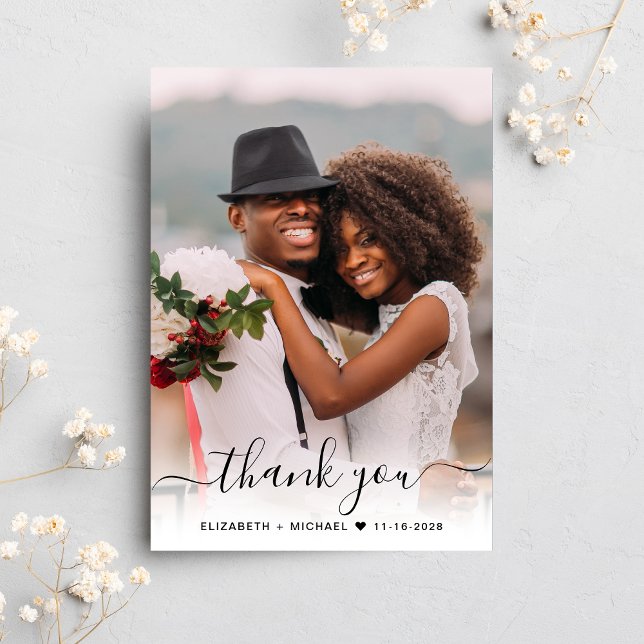 Script Photo Overlay Dusty Blue Wedding Thank You Card (Celebrate your love story with a thank you card showcasing your favorite wedding day photo)