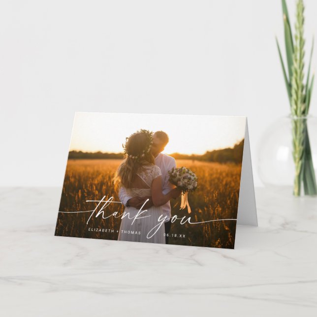 Script Photo Wedding Folded Thank You Card  (Front)