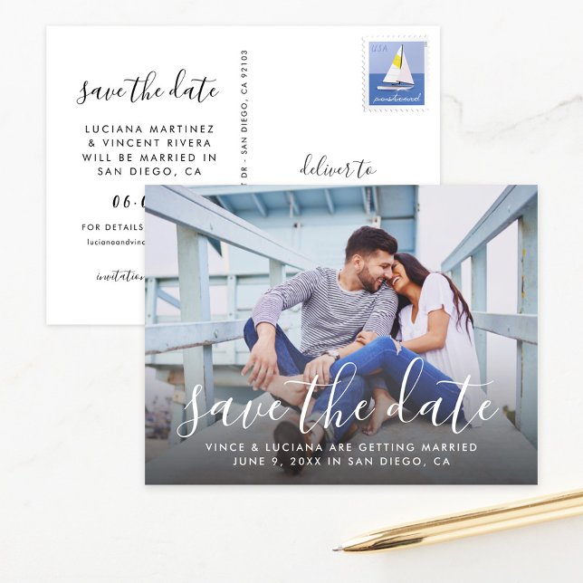 Script Photo Wedding Save the Date Announcement Postcard (Creator Uploaded)