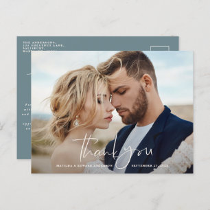 Script photo wedding thank you modern minimal blue announcement postcard