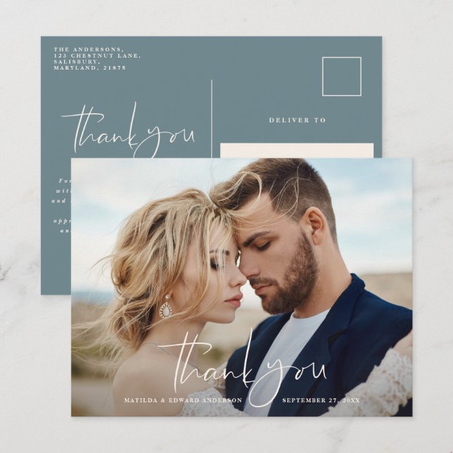 Script photo wedding thank you modern minimal blue announcement postcard (Front/Back)