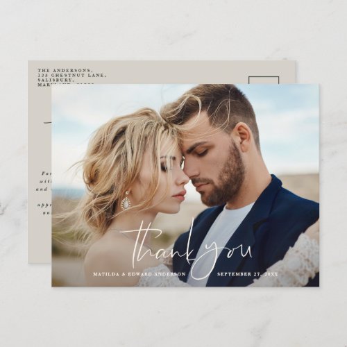 Script photo wedding thank you modern minimal chic announcement postcard