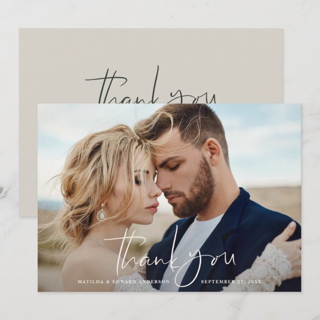 Script photo wedding thank you modern minimal chic card (Front/Back)
