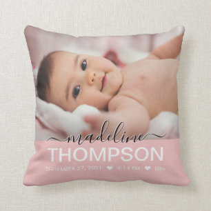 Script Pink Baby Newborn Keepsake Name Photo Throw Pillow