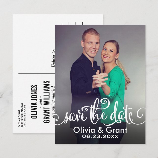 Script Portrait Photo Save the Date Announcement Postcard (Front/Back)