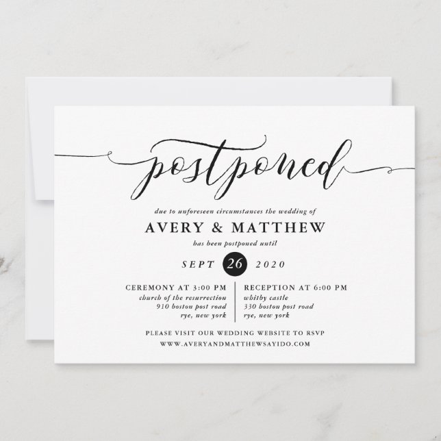 Script Postponed Wedding Ceremony and Reception Invitation (Front)