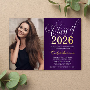 Script Purple 2026 Photo Graduation Party Gold Foil Invitation