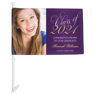 Script Purple Gold Class of 2021 Graduation Photo Car Flag