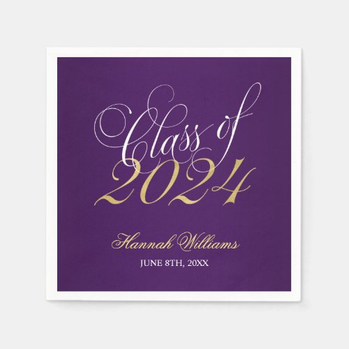 Script Purple Gold Class of 2024 Graduation Napkins