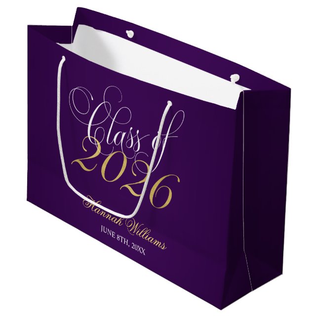 Script Purple Gold Class of 2026 Graduation Large Gift Bag (Front Angled)