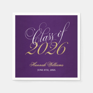 Script Purple Gold Class of 2026 Graduation Napkins