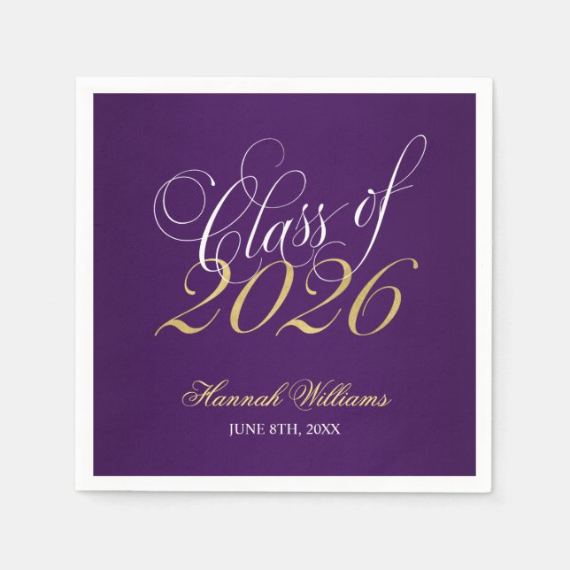 Script Purple Gold Class of 2026 Graduation Napkins (Front)