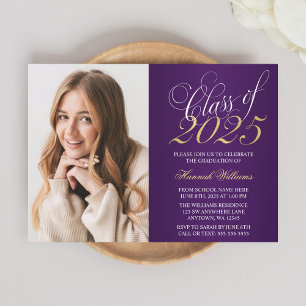Script Purple Gold Photo Graduation Announcement