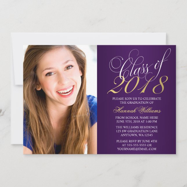Script Purple Gold Photo Graduation Announcement (Front)