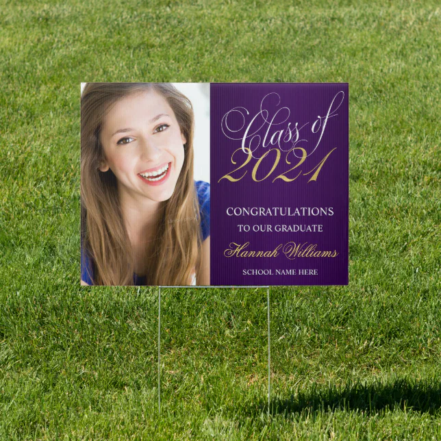 Script Purple Gold Photo Graduation Yard Sign | Zazzle