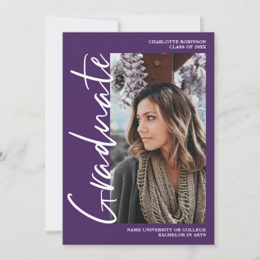 Script purple graduate photo graduation Invitation | Zazzle