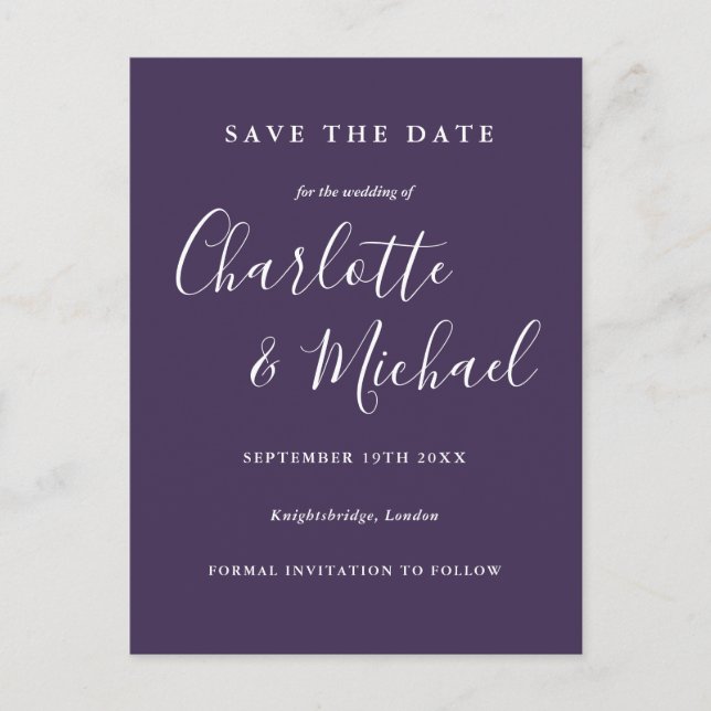 Script Purple Wedding Save the Date Card (Front)