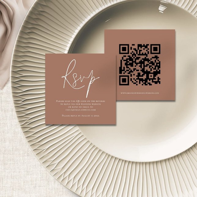 Script QR Code Wedding Brown RSVP Enclosure Card (Front and back view)