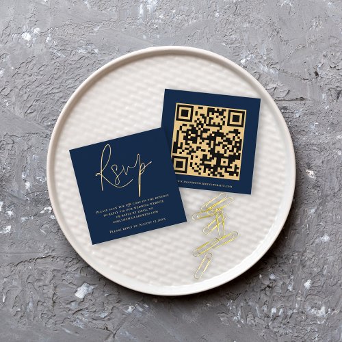 Script QR Code Wedding Gold Navy Blue RSVP Enclosure Card