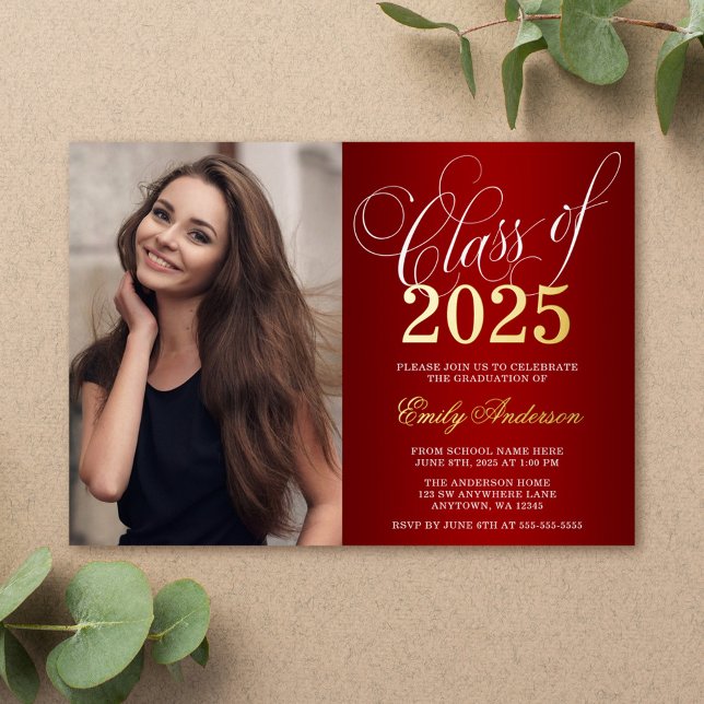Script Red 2025 Photo Graduation Party Gold Foil Invitation (Creator Uploaded)