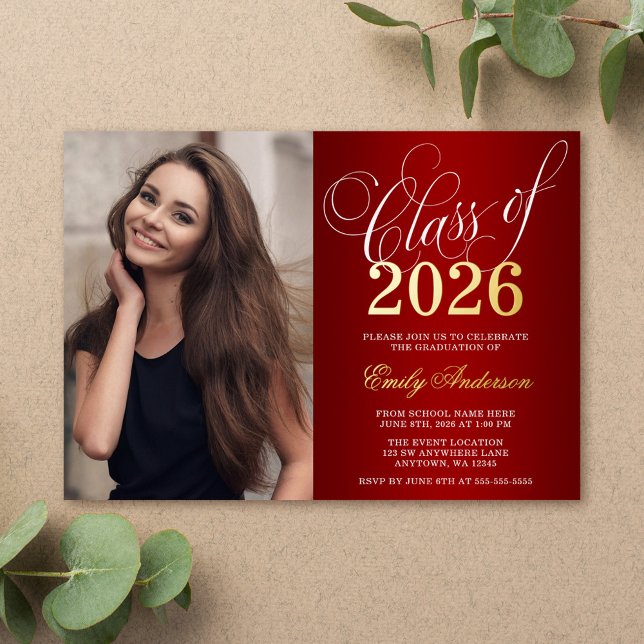 Script Red 2026 Photo Graduation Party Gold Foil Invitation (Creator Uploaded)
