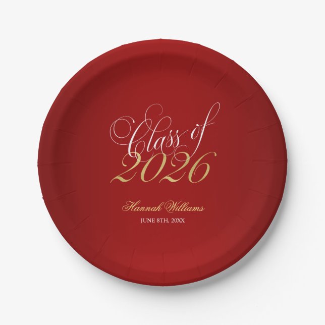 Script Red Faux Gold 2026 Graduation Party Paper Plates (Front)