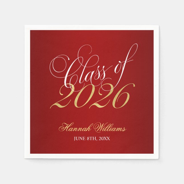 Script Red Gold Class of 2026 Graduation Napkins (Front)